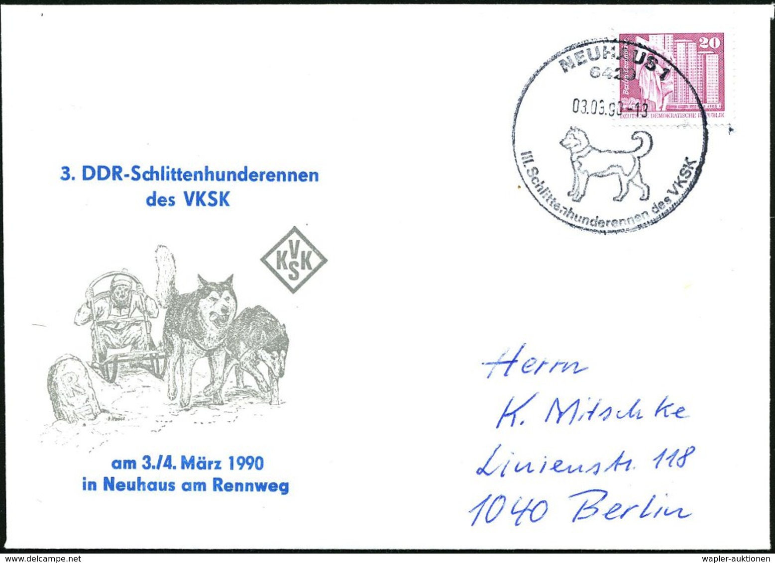 1990 (3.9.) 6420 NEUHAUS 1, Sonderstempel: III. Schlittenhunderennen Des VKSK (Schlittenhund) Auf Passendem Sonderumschl - Other & Unclassified