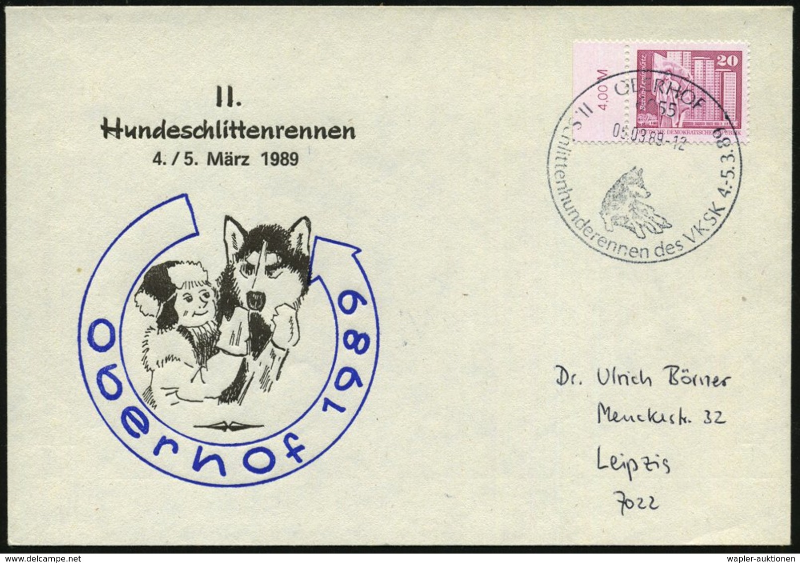 1989 (5.3.) 6055 OBERHOF, Sonderstempel: II. Schlittenhunderennen Des VKSK = Schlittenhund) Auf Passendem Sonderumschlag - Sonstige & Ohne Zuordnung