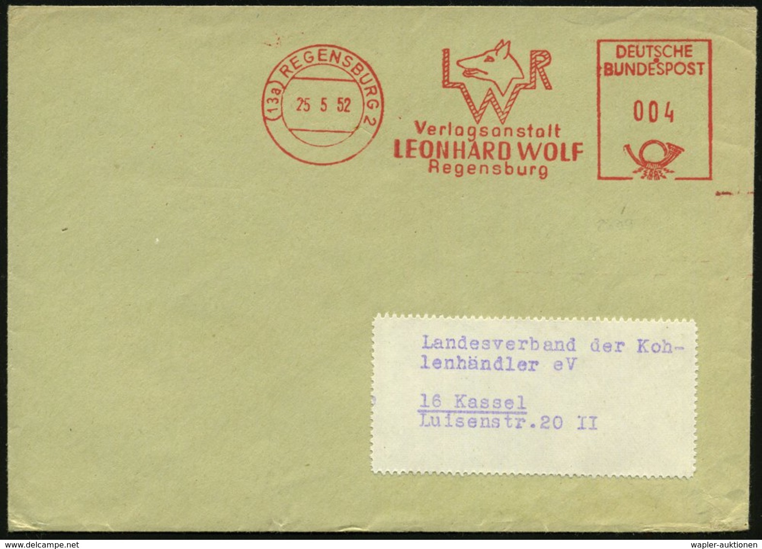 1952 (25.5.) (13 A) REGENSBURG 2, Verlagsanstalt LEONHARD WOLF = Monogramm Mit Wolfskopf, Firmenbrief - Hund, Wolf, Fuch - Other & Unclassified