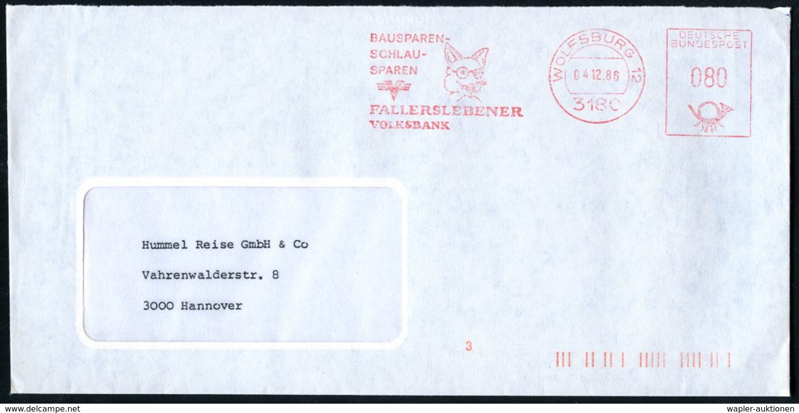 1986 (4.12.) 3180 WOLFSBURG 12, Absender-Freistempel: BAUSPAREN - SCHLAU-SPAREN, FALLERSLEBENER VOLKSBANK (Fuchskopf Mit - Other & Unclassified
