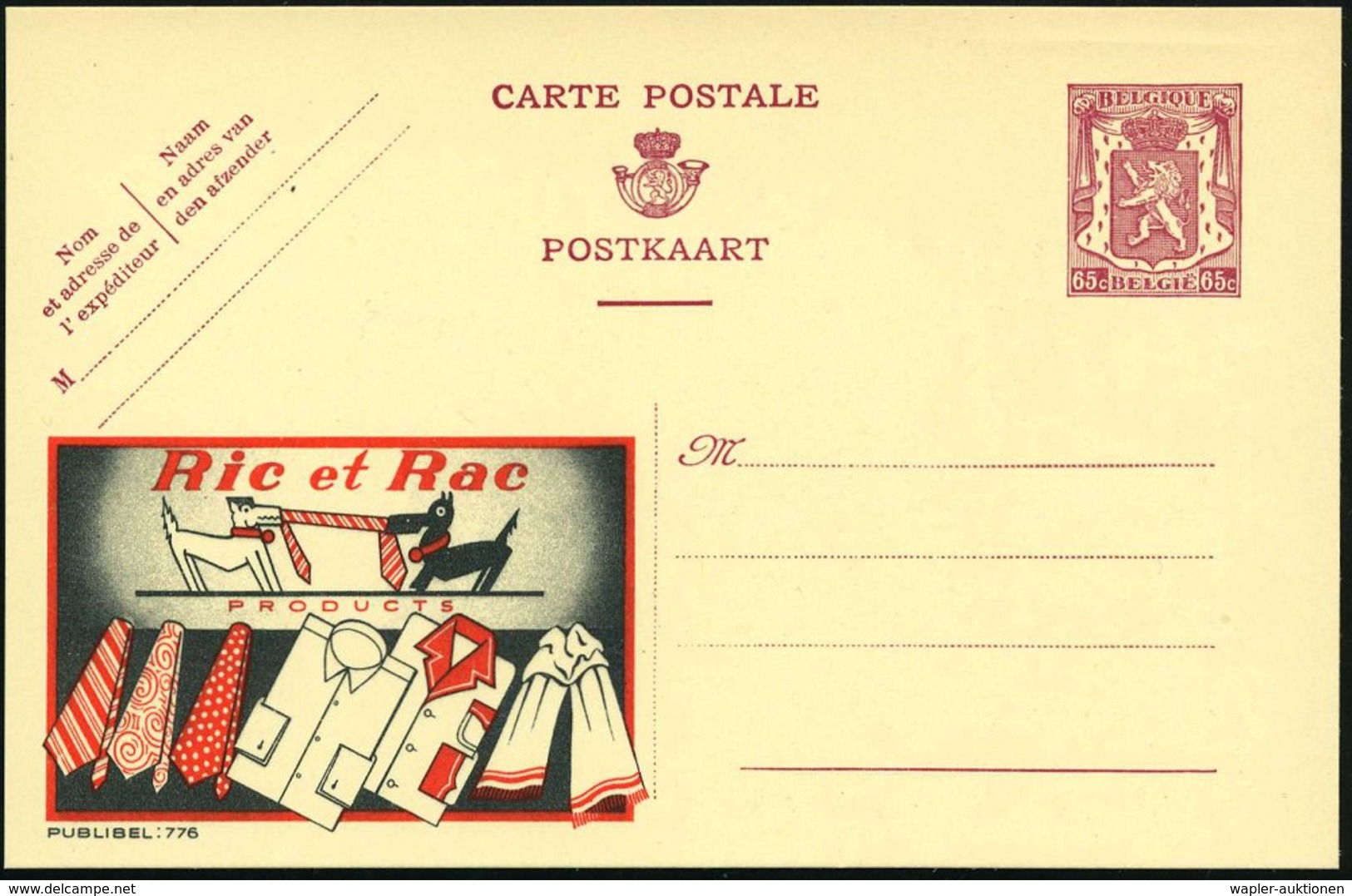 1946 BELGIEN, 65 C. Publibel-Ganzsache: Ric Et Rac PRODUCTS = 2 Hunde Streiten Um Krawatte (u. Hemden Etc.) Ungebr. (Mi. - Other & Unclassified