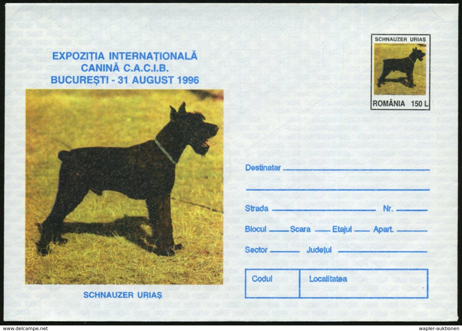 1996 RUMÄNIEN, 150 L. Sonder-Ganzsachen-Umschlag: Internat. Hunde-Ausstellung Bukarest = Schnauzer, Ungebr. (Mi.U 1903)  - Other & Unclassified