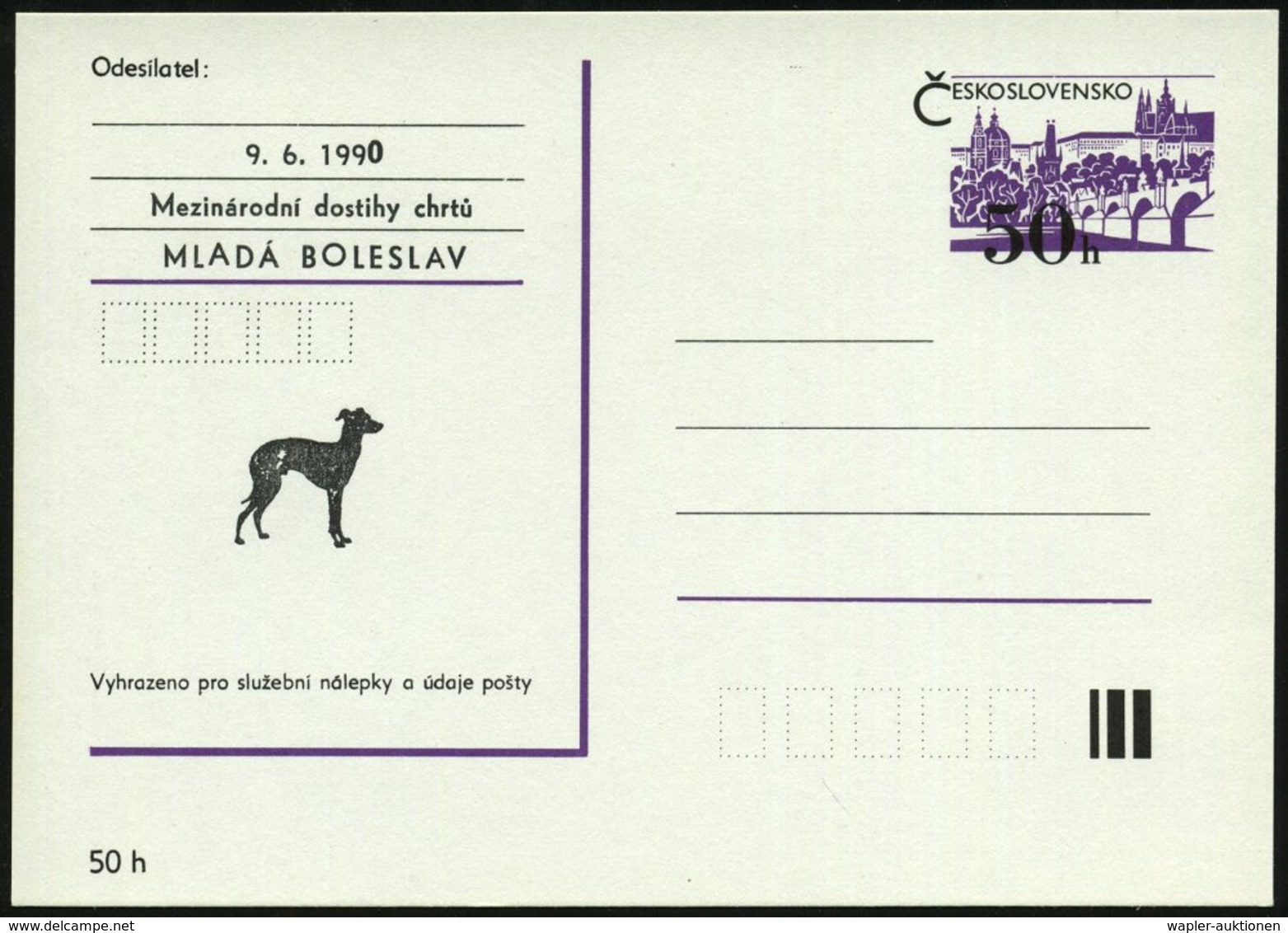 1990 TSCHECHOSLOWAKEI, PP 50 H. Prag: Internat. Hunde-Ausstellung MLADA BOLESLAV (Windhund) Ungebr. - Hund, Wolf, Fuchs  - Other & Unclassified