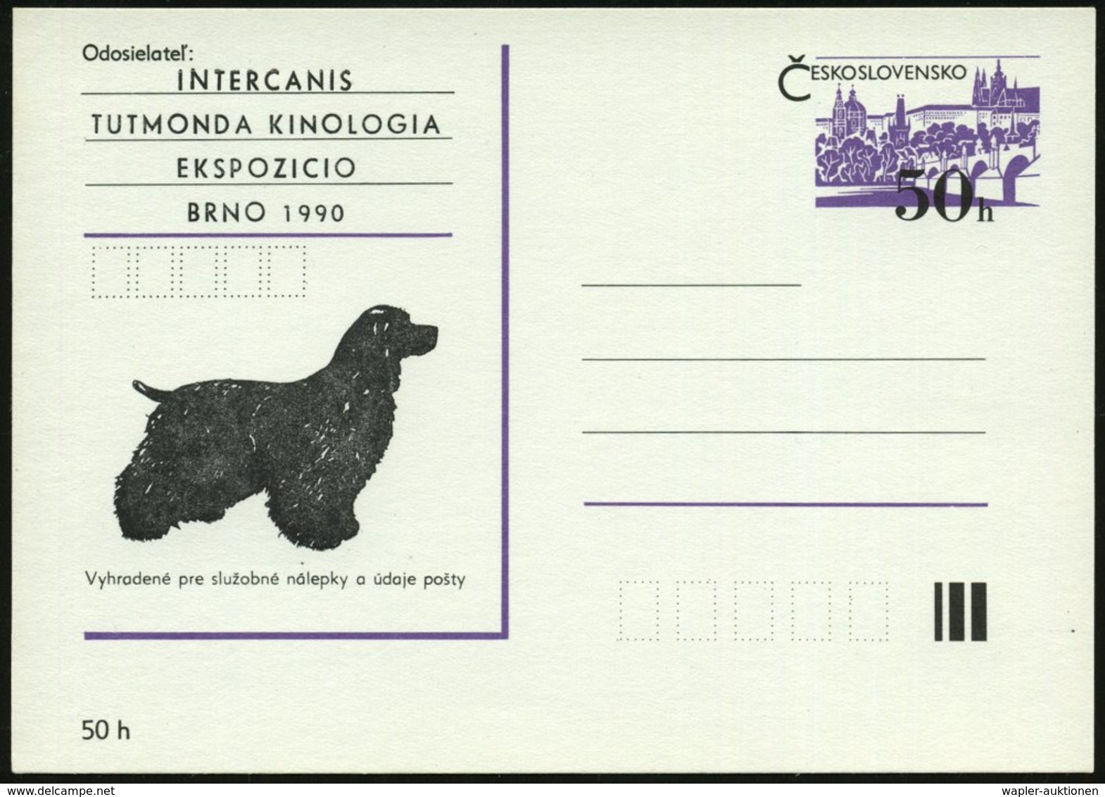 1990 TSCHECHOSLOWAKEI, PP 50 H. Prag: Internat. Kynologische Ausstellung BRNO (Setter) Ungebr. - Hund, Wolf, Fuchs / Dog - Other & Unclassified