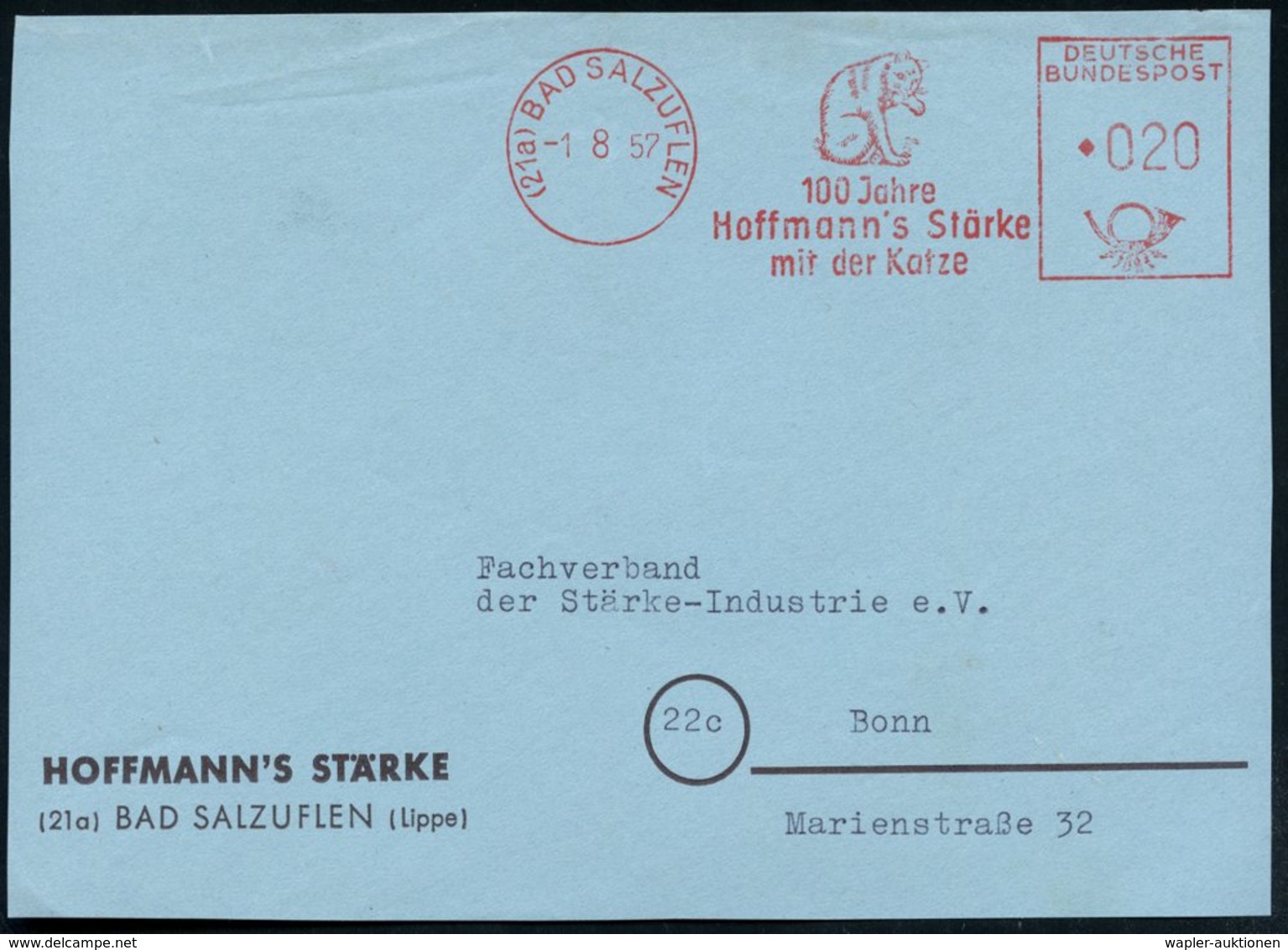 1957 (21 A) BAD SALZUFLEN, Absender-Freistempel: 100 Jahre Hoffmann's Stärke Mit Der Katze (Hauskatze Sich Leckend) Firm - Andere & Zonder Classificatie