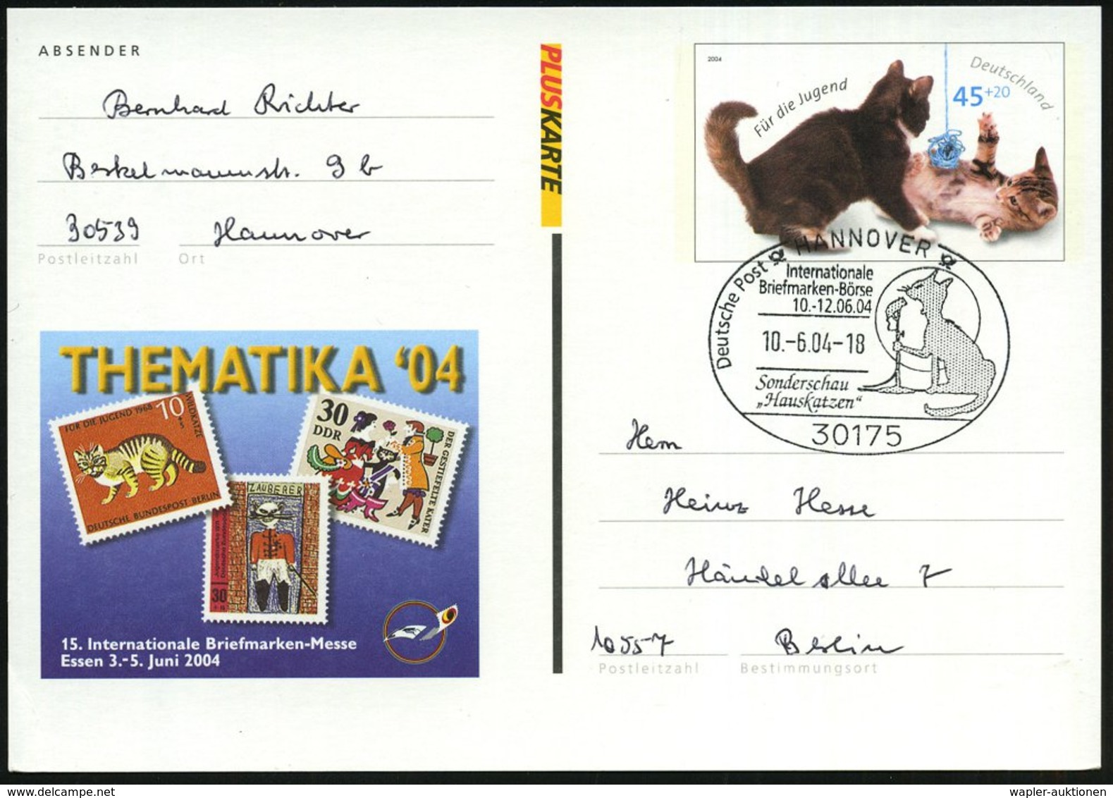 2004 (10.6.) 30175 HANNOVER, Sonderstempel: Int. Briefmarken-Börse, Sonderschau "Hauskatzen" (singende Katze Vor Mikroph - Other & Unclassified