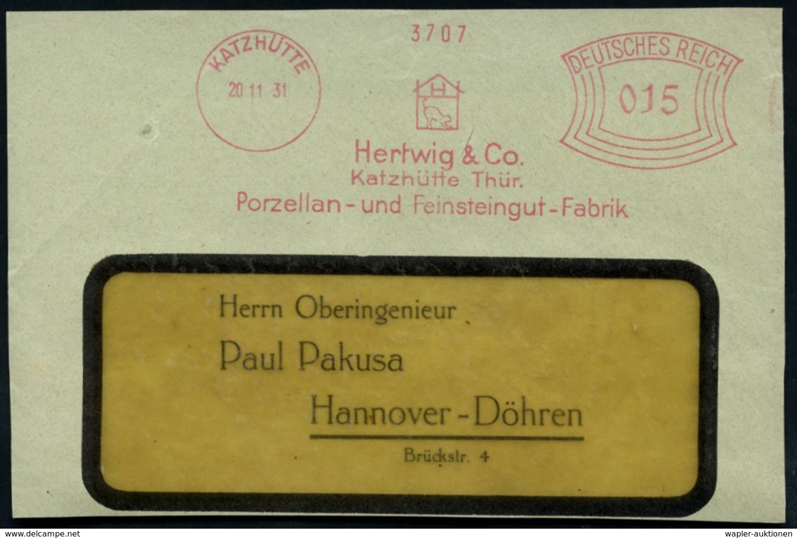 1931 (20.11.) K A T Z  HÜTTE, Absender-Freistempel: Hertwig & Co., K A T Z Hütte Thür., Porzellan- U. Feinsteingut-Fabri - Other & Unclassified