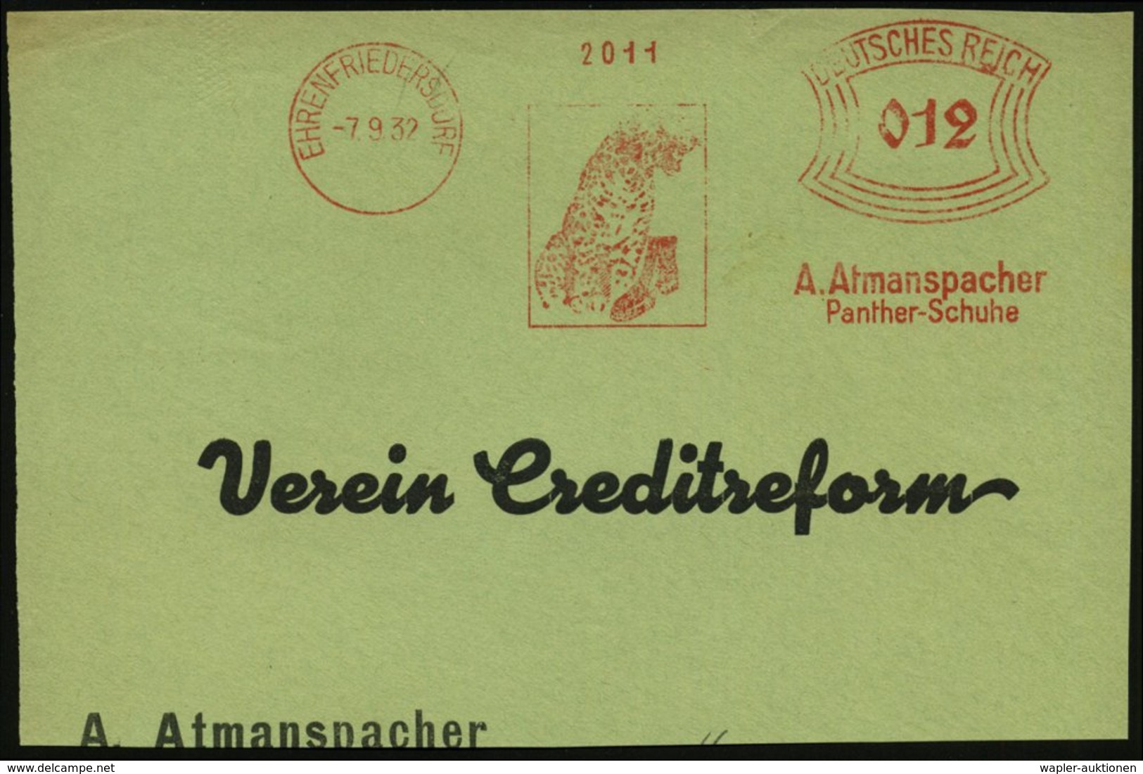 1932 (7.9.) EHRENFRIEDERSDORF, Absender-Freistempel: A. Atmanspacher, Pather-Schuhe (= Leopard) Teil-Vorderseite - Löwe, - Other & Unclassified
