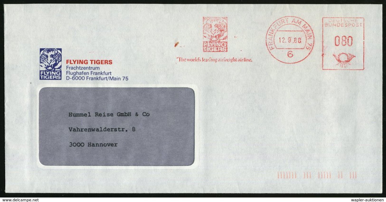 1988 (12.9.) & FRANKFURT AM MAIN 75, Absender-Freistempel: FLYING TIGERS, The World's Leading Airfreight Airline (Tigerk - Other & Unclassified