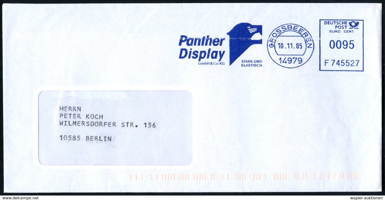 2005 (10.11.) 14979 GROSSBEEREN, Blauer Absender-Freistempel: Panther Display GmbH.. = Patherkopf, Inl.-Brief - Löwe, Ti - Sonstige & Ohne Zuordnung
