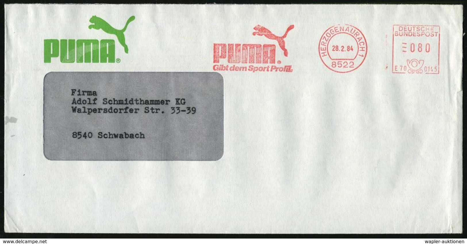 1984 8522 HERZOGENAURACH 1, Absender-Freistempel: PUMA, Gibt Dem Sport Profil = Springender Puma Auf Motivgleichem Firme - Otros & Sin Clasificación