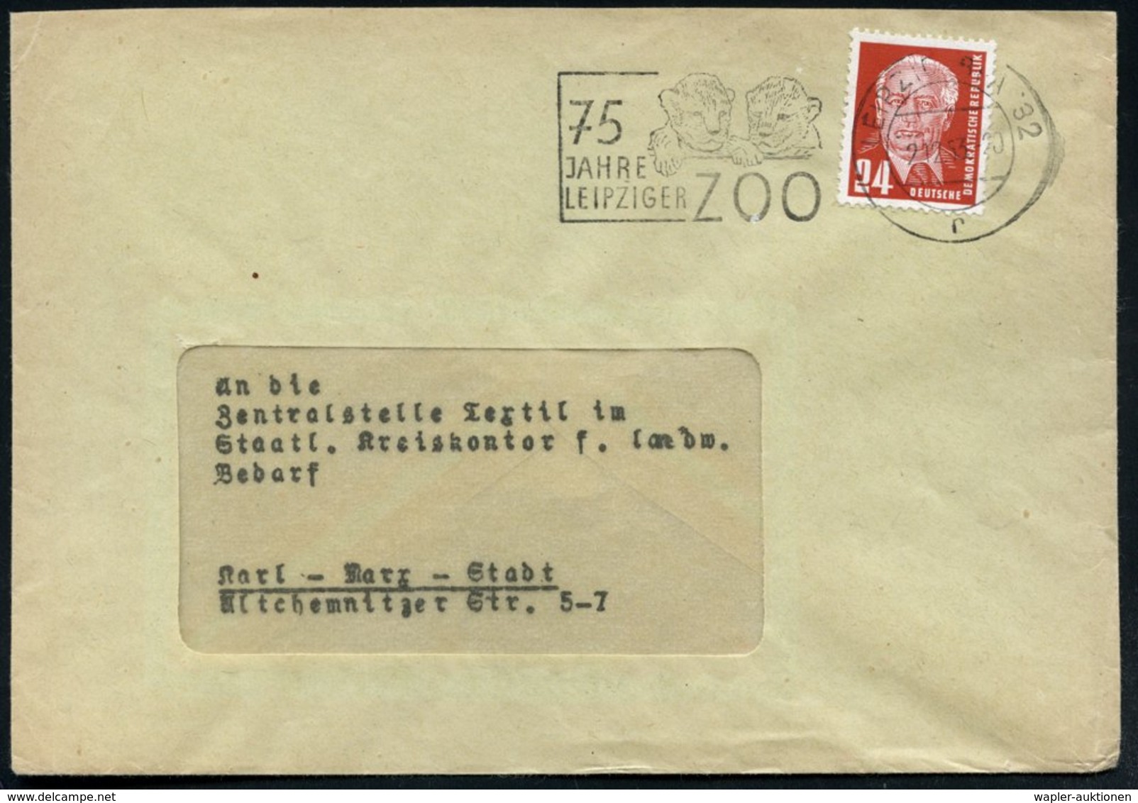 1953 (2.12.) LEIPZIG BPA 32, Maschinen-Werbstempel: 75 JAHRE LEIPZIGER ZOO (2 Löwen-Babys) Fernbrief (Bo.317 A III = UB  - Other & Unclassified