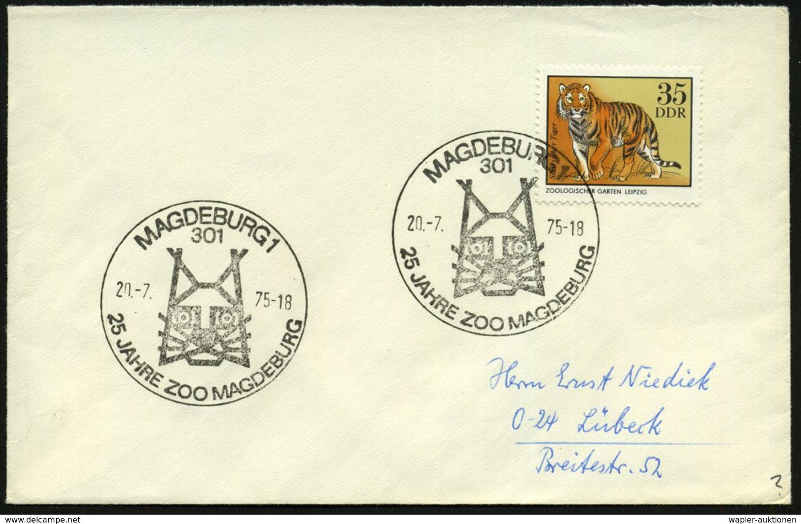 1975 (20.7.) 301 MAGDEBURG 1, Sonderstempel: 25 JAHRE ZOO.. = Luchskopf, EF 35 Pf. Tiger, Portorichtiger BRD-Brief (Mi.2 - Other & Unclassified