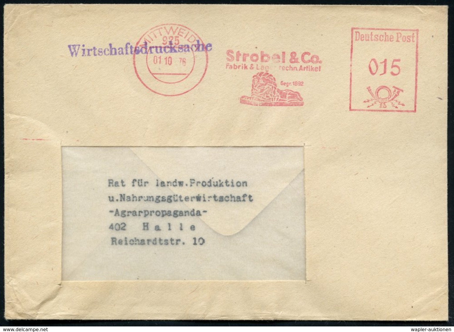 1976 (1.10.) 925 MITTWEIDA, Absender-Freistempel: Strobel & Co., Fabrik Lagertechn. Artikel.. = Liegender Löwe (= Firmen - Autres & Non Classés