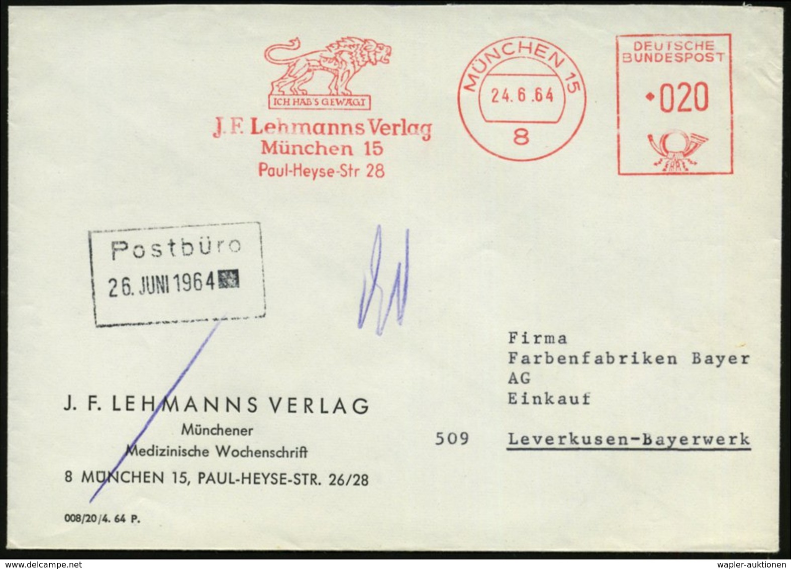 1941 (22.1.) MÜNCHen 2 HDB, Absender-Freistempel: J. F. LEHMANNs VERLAG.. = Löwen-Denkmal "Ich Hab's Gewagt" (= Firmenlo - Autres & Non Classés