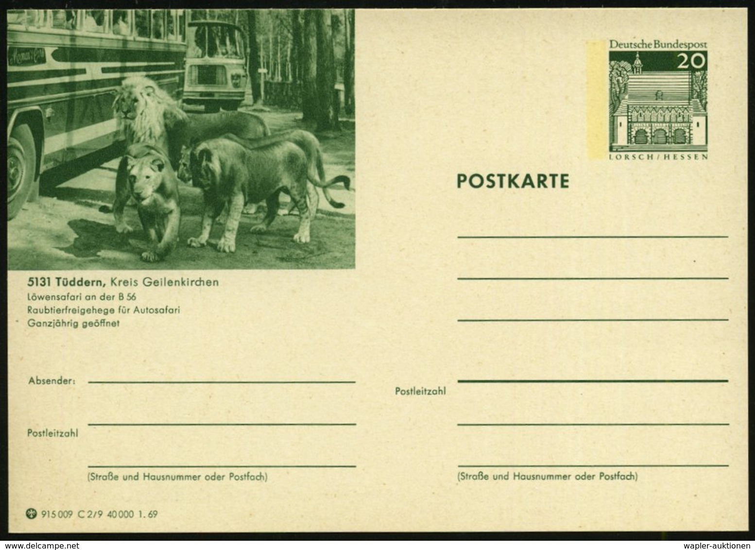 1969 5131 Tüddern, 20 Pf. Bild-Ganzsache Lorsch: Löensafari.. Raubtiergehege Für Autosafari = Löwen (u. Omnibusse) Ungeb - Other & Unclassified