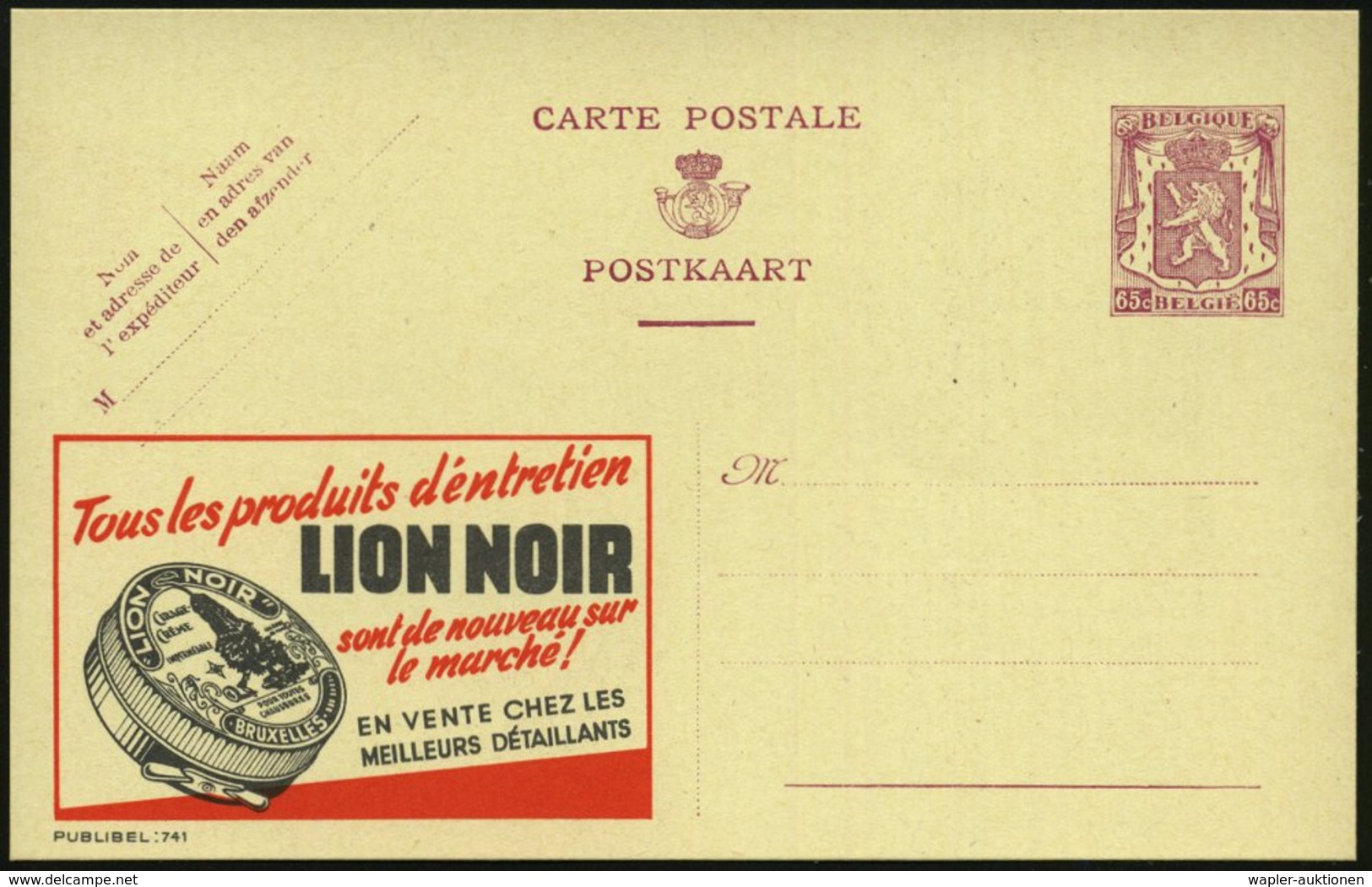 1946 BELGIEN, 65 C. Publibel-Ganzsache: LION NOIR.. CIRAGE CREME (Dose Schuhcreme Mit Schwarzem Löwen) Ungebr. (Mi.P 222 - Other & Unclassified