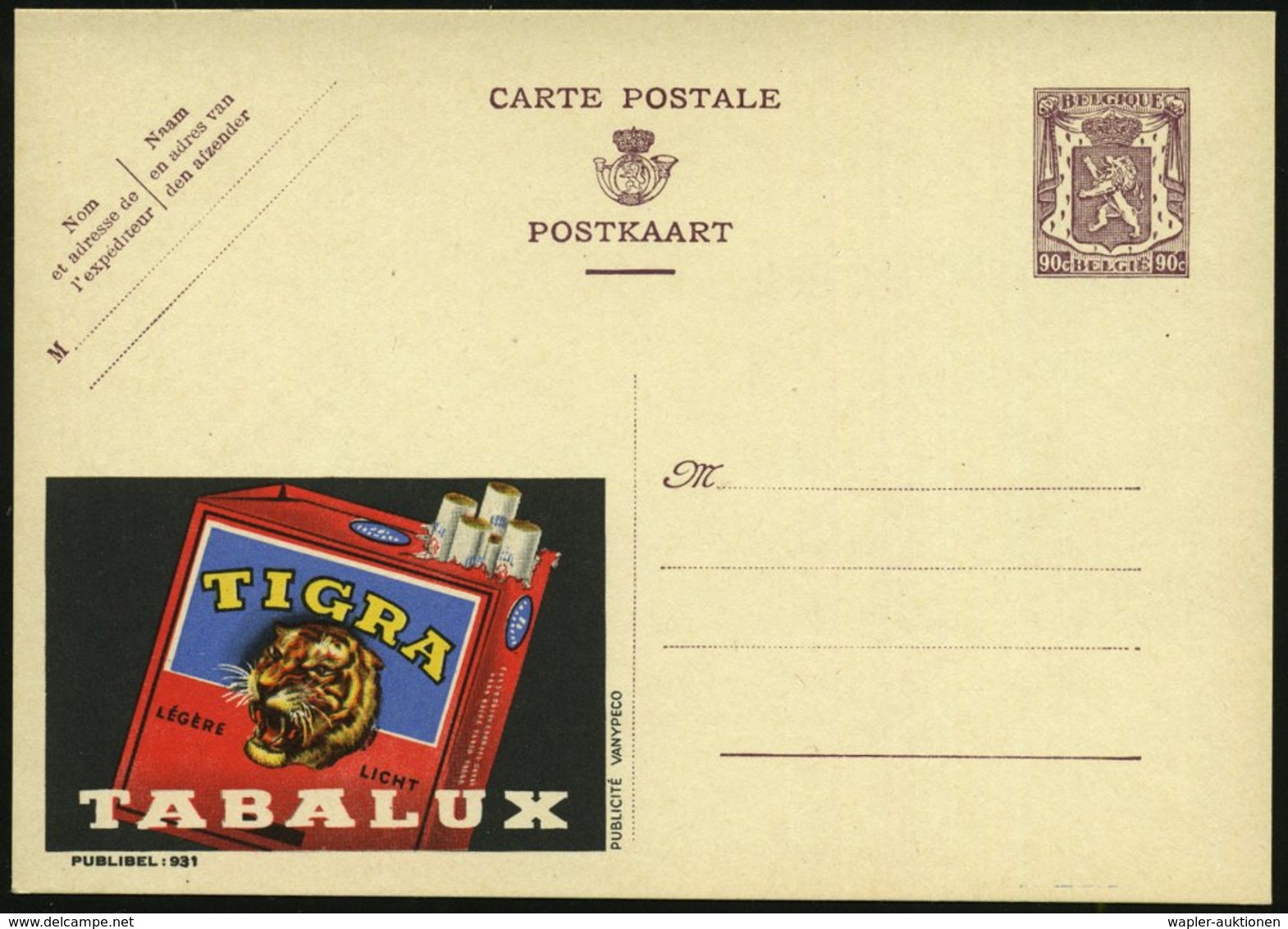 1948 BELGIEN, 90 C. Publibel-Ganzsache: TIGRA TABALUX (Tigerkopf Auf Zigarettenpackung) Französ. Titel Oben, Ungebr. (Mi - Otros & Sin Clasificación