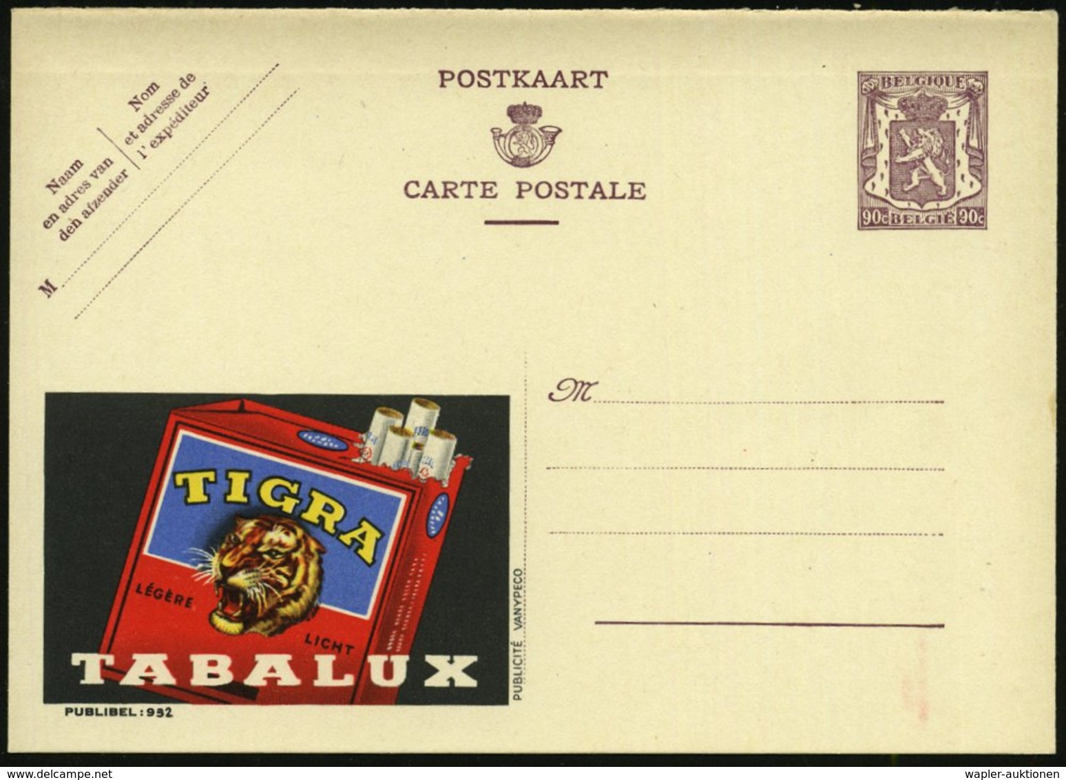 1948 BELGIEN, 90 C. Publibel-Ganzsache: TIGRA TABALUX (Tigerkopf Auf Zigarettenpackung) Flämischer Titel Oben, Ungebr. ( - Other & Unclassified