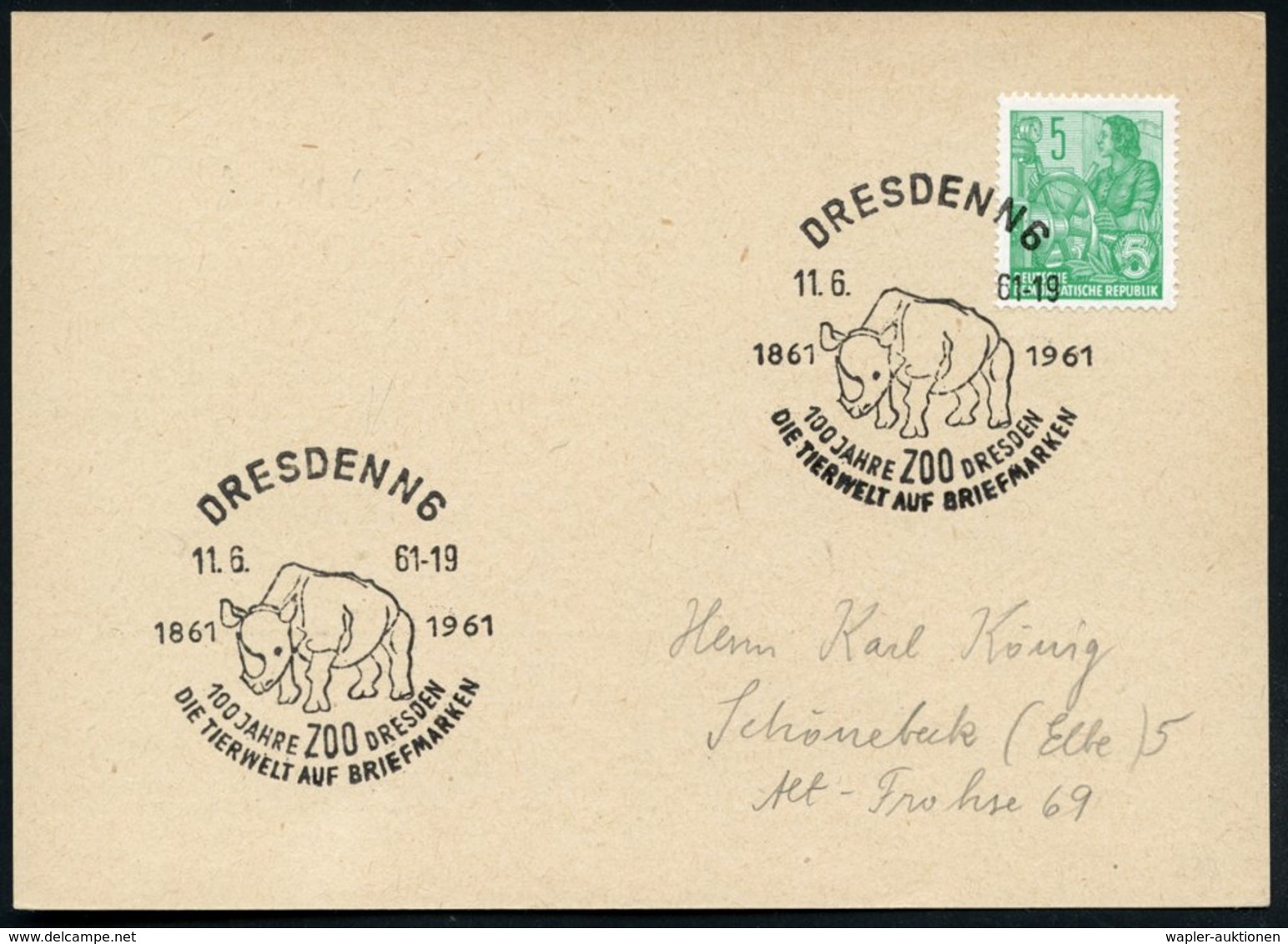 1961 (11.6.) DRESDEN N 6, Sonderstempel: 100 JAHRE ZOO DRESDEN.. = Nashorn, Inl.-Karte (Bo.237) - Wild Lebende Säugetier - Other & Unclassified