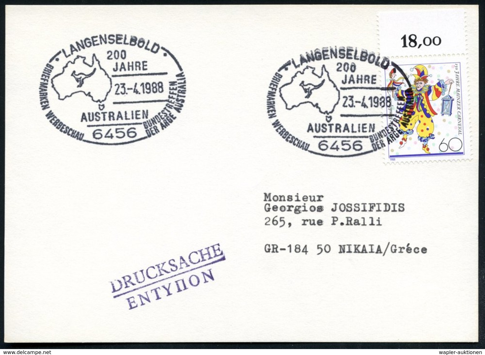 1988 (23.4.) 6456 LANGENSELBOLD, Sonderstempel: 200 JAHRE AUSTRALIEN = Känguruh Auf Australienkarte, Ausl.-Karte - Wild  - Autres & Non Classés