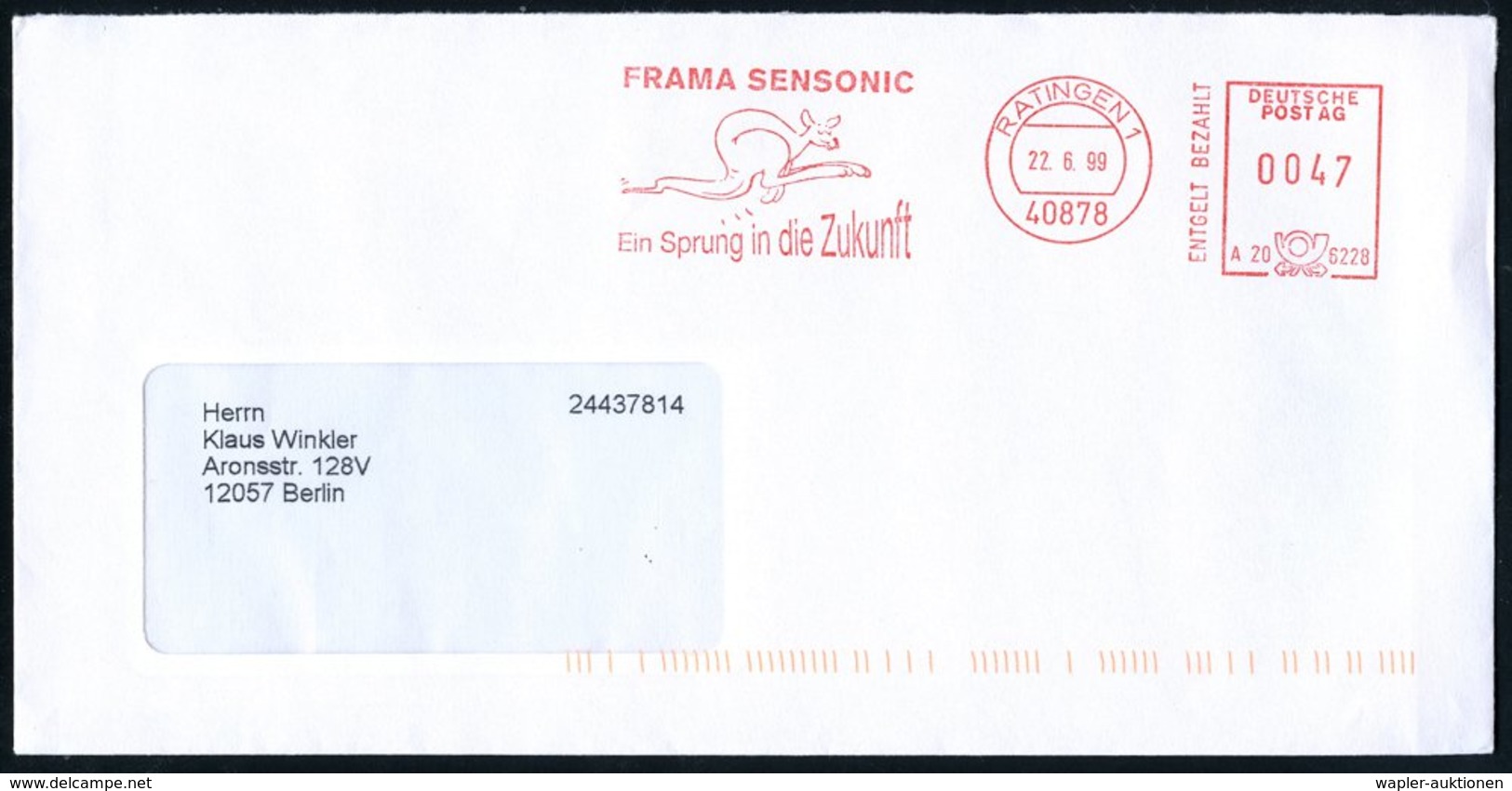 1999 (22.6.) 40878 RATINGEN, Absender-Freistempel: FRAMA SEN'SONIC.. = Känguruh (= Frankiermaschinen-Hersteller) Fernbri - Other & Unclassified