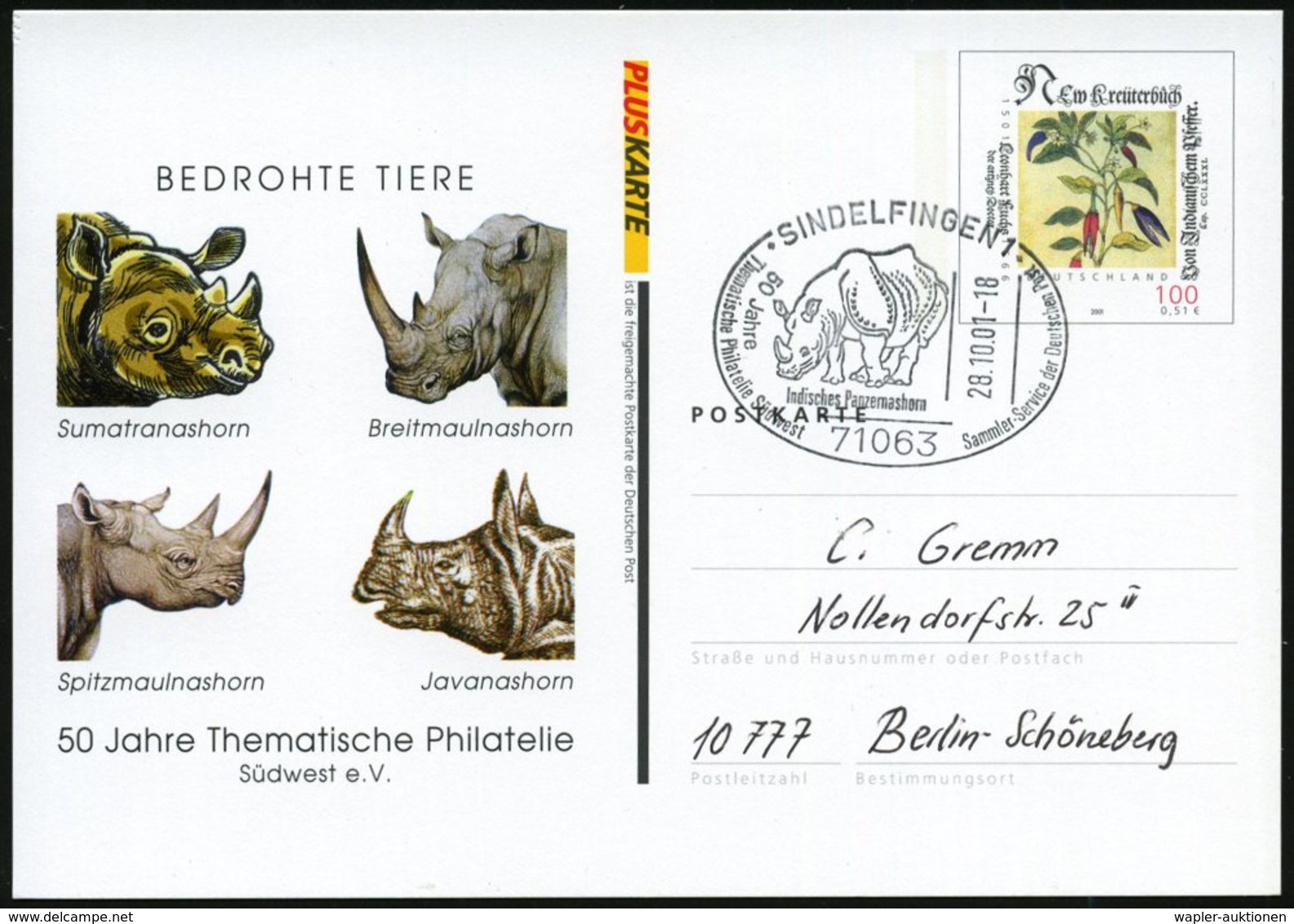 2001 (28.10.) 71063 SINDELFINGEN 1, 100 Pf. Sonder-Ganzsache "BEDROHTE TIERE" Sumatra-, Breitmaul-, Spitzmaul- U. Javana - Sonstige & Ohne Zuordnung