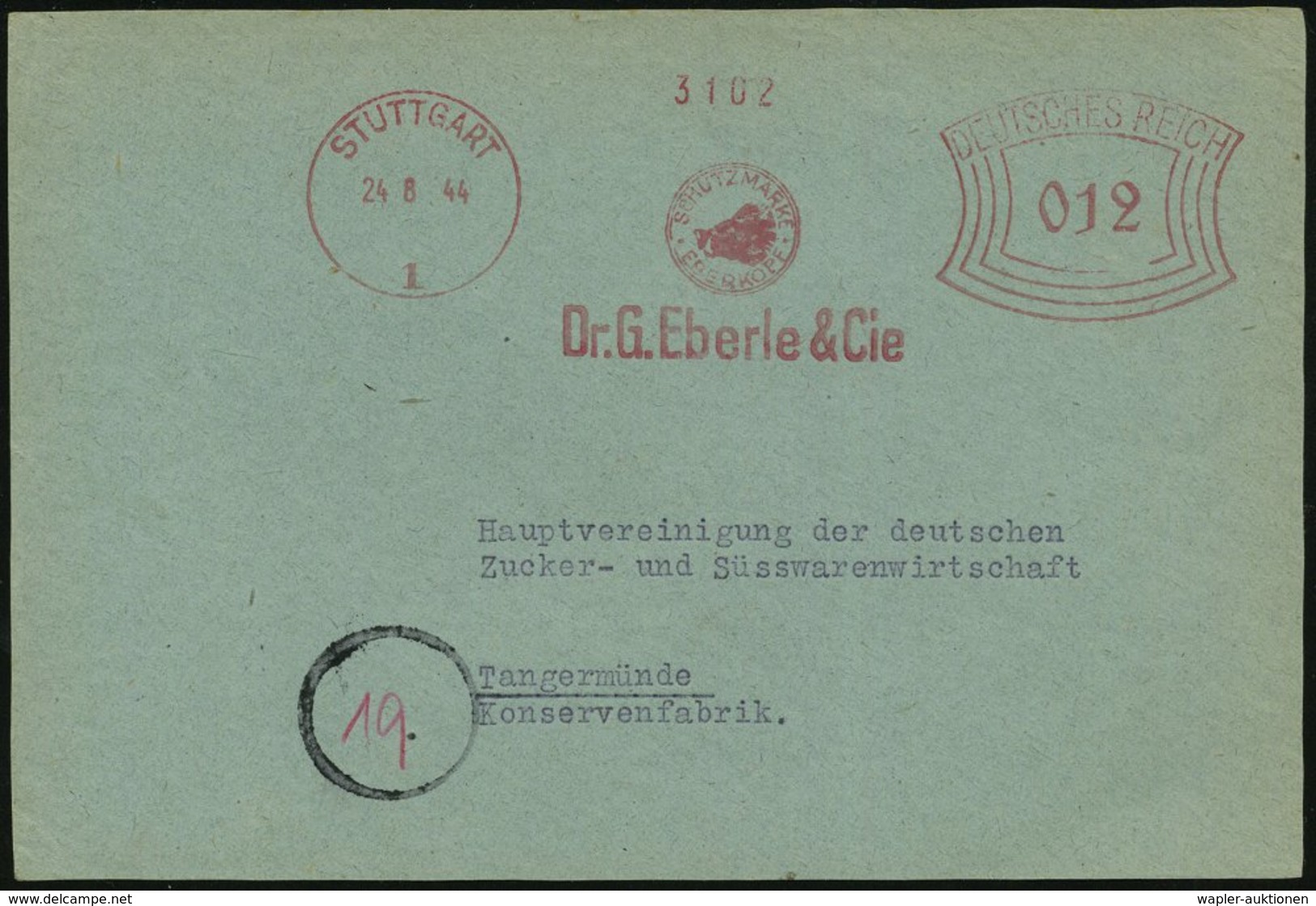 1944 (24.8.) STUTTGART 1, Absender-Freistempel: Dr. G. Eberle & Cie = Wildschweinkopf, Kleine Bedarfs-Vorderseite - Wild - Autres & Non Classés