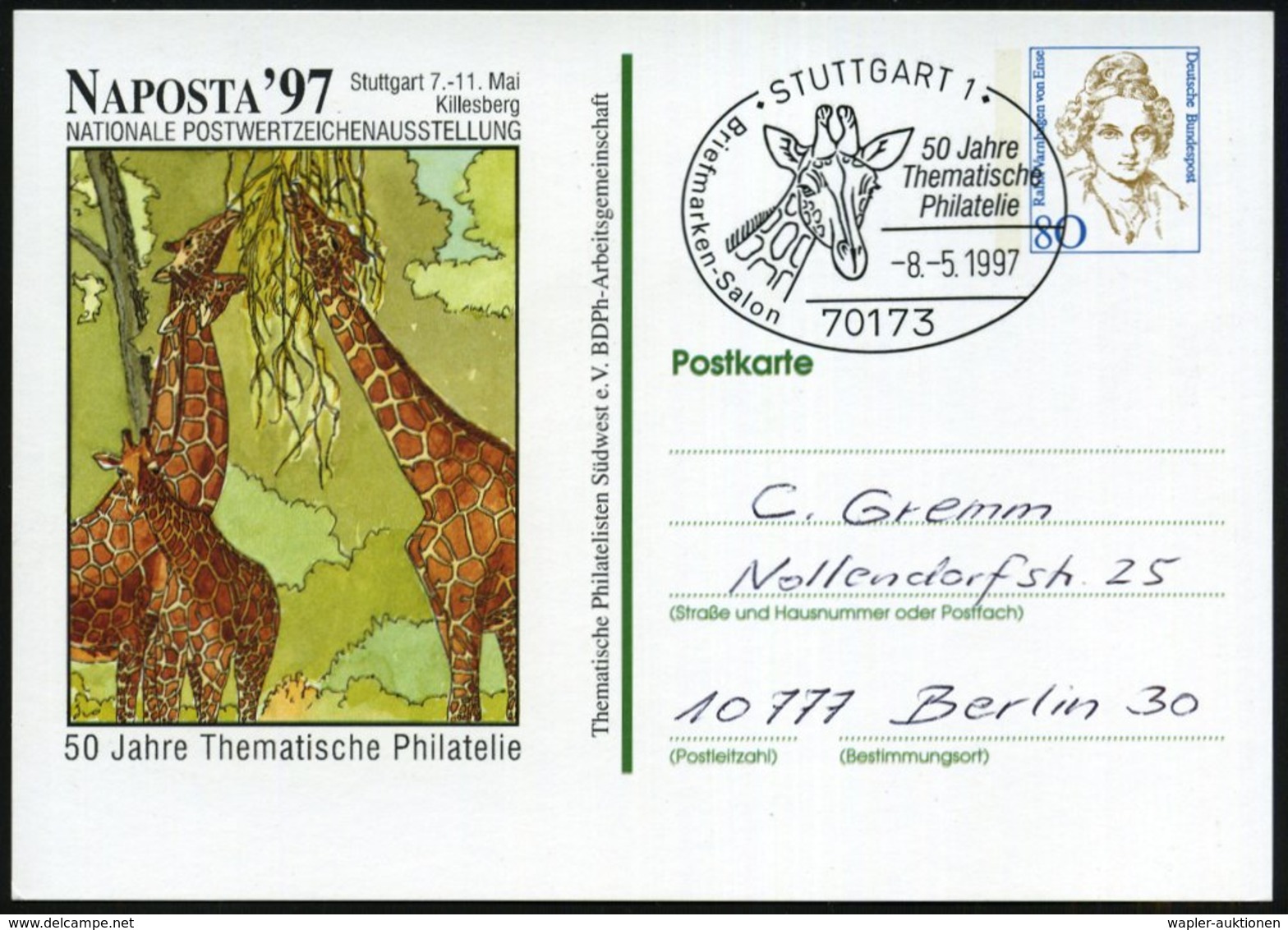 1997 (8.5.) 70173 STUTTGART 1, PP 80 Pf. Varnhagen: NAPOSTA '97.. (2 Giraffen) + Motiv-ähnl. Sonderstempel: 50 Jahre The - Other & Unclassified