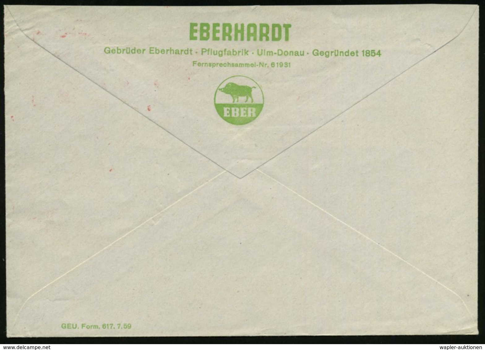 1959 (14 A) ULM (DONAU) 1, Absender-Freistempel: EBERHARDT-PFLÜGE = Wildschwein, Rs. Motivgleicher Abs.-Vordruck: Gebr.  - Other & Unclassified