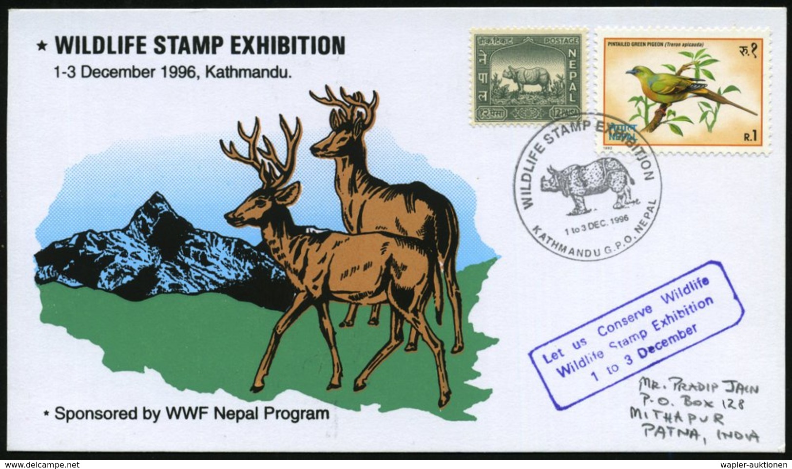 1966 (Dez.) NEPAL, Sonderstempel: KATHMANDU G.P.O., WILDLIFE STAMP EXHIBITION = Panzer-Nashorn Auf Passender Frankatur 1 - Other & Unclassified