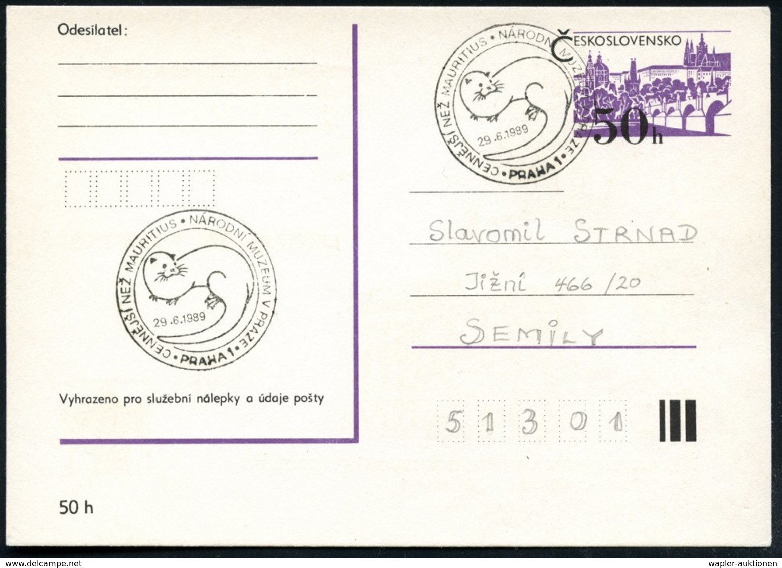 1989 (29.6.) TSCHECHOSLOWAKEI, Sonderstempel: PRAHA 1, .. NARODNI MUZEUM V PRAZE = Fischotter Auf PP 50 H. Prag: CENNEJS - Other & Unclassified