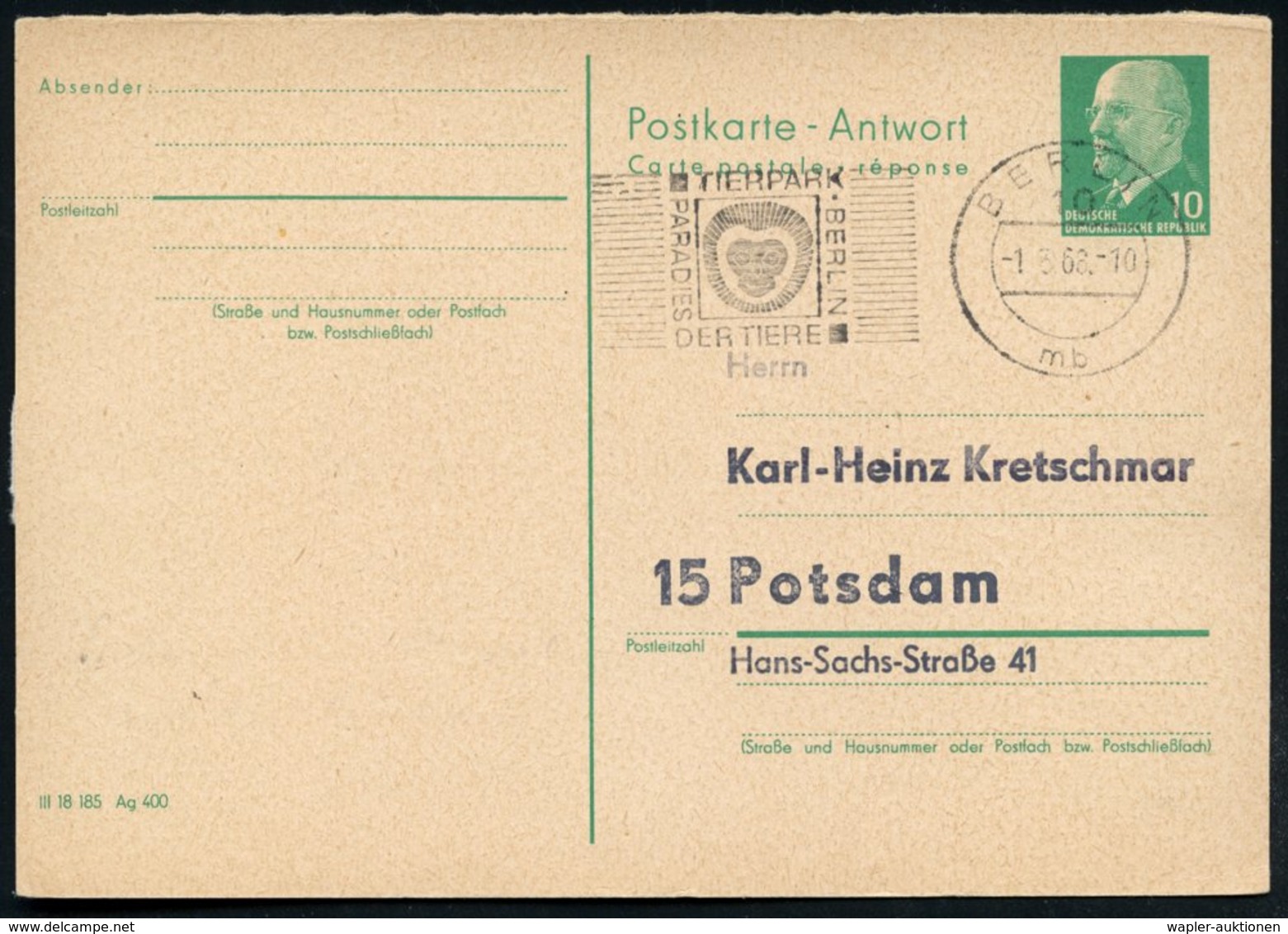 1968 (1.3.) 10 BERLIN, Maschinen-Werbestempel: TIERPARK BERLIN, PARADIES DER TIERE (Kopf Eines Kilimandscharo-Guerezas), - Other & Unclassified
