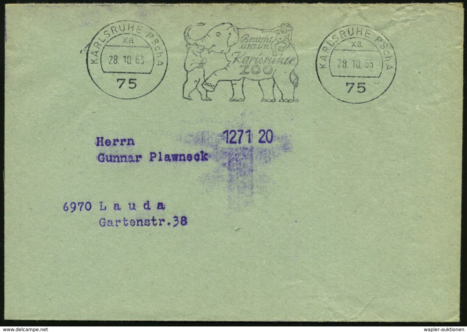1963 (28.10.) 75 KARLSRUHE PSchA, Maschinen-Werbestempel: Besucht Uns Im Karlsruher ZOO = Elefant Mit Affe U. Bär, Porto - Other & Unclassified