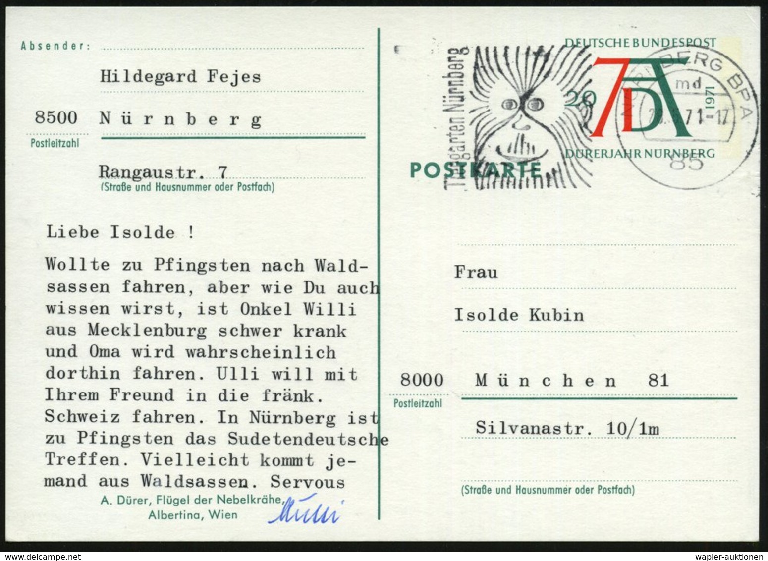 1971 (28.5.) 85 NÜRNBERG BPA, Maschinen-Werbestempel: Tiergarten Nürnberg = Orang Utan, Bedarfs-Ganzsache 20 Pf. Dürer ( - Sonstige & Ohne Zuordnung