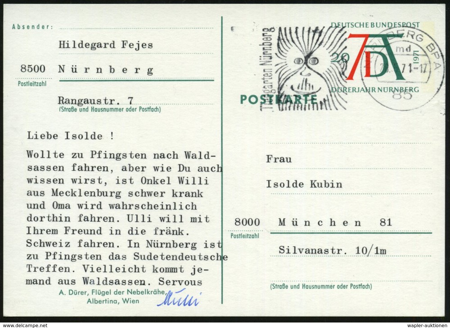 1971 (28.5.) 85 NÜRNBERG BPA, Maschinen-Werbestempel: Tiergarten Nürnberg = Orang Utan, Bedarfs-Ganzsache 20 Pf. Dürer ( - Other & Unclassified