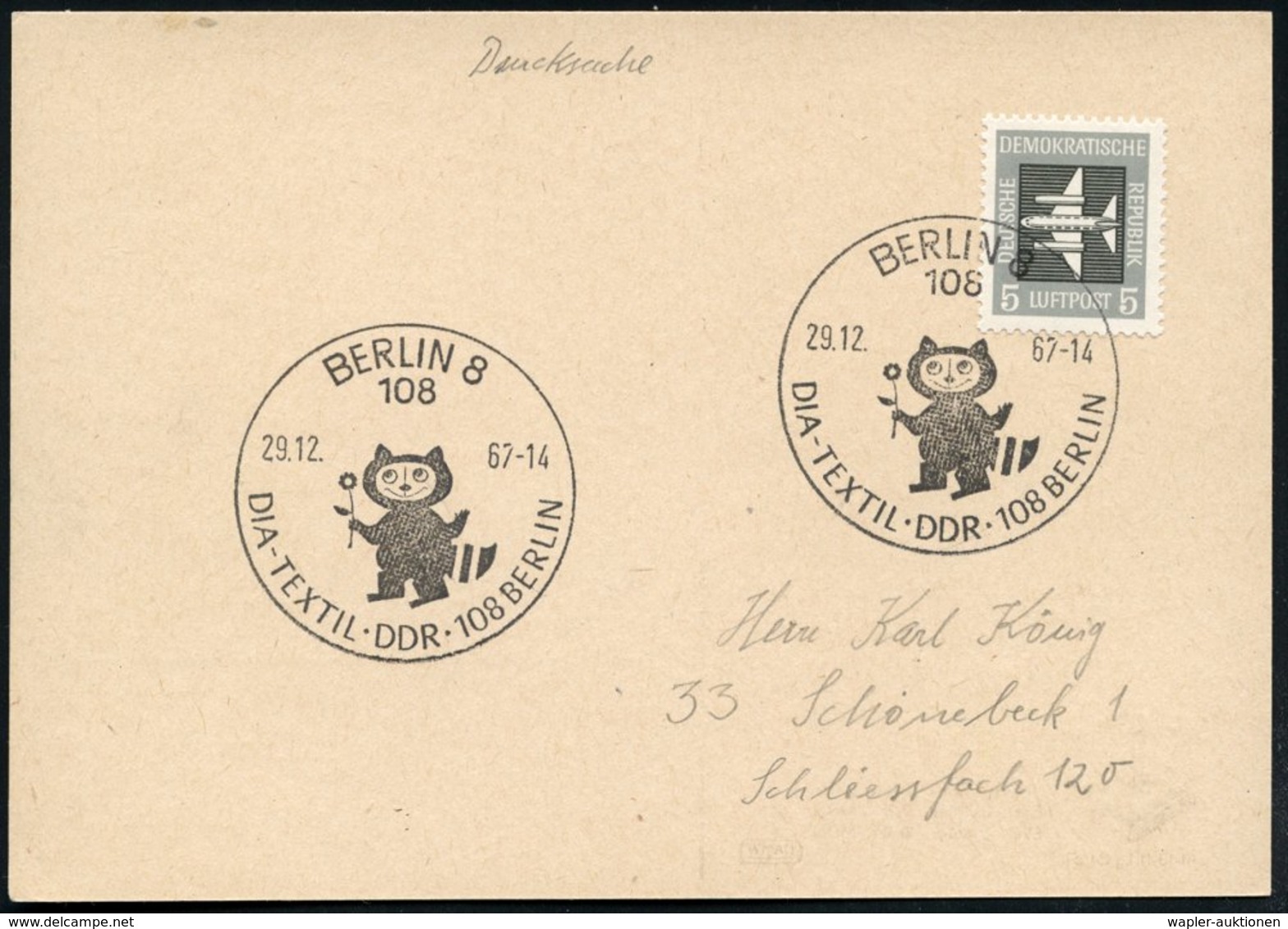 1967 (29.12.) 108 BERLIN 8, Sonderstempel: DIA-TEXTIL DDR.. = Waschbär (Comic-Figur Mit Blume) Inl.-Karte - Bär / Bear / - Other & Unclassified