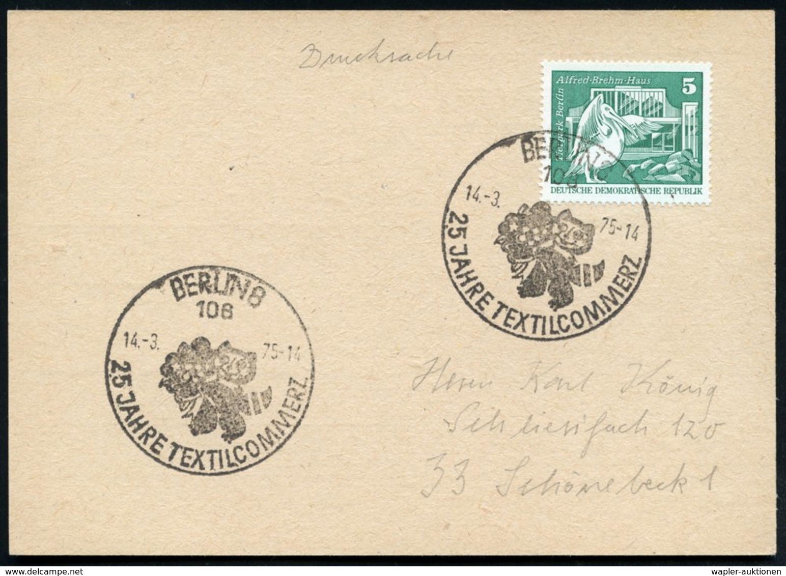 1975 (14.3.) 108 BERLIN 8, Sonderstempel: 25 JAHRE TEXTILCOMMERZ = Waschbär (mit Blumenstrauß) EF 5 Pf. Tierpakr Berlin, - Other & Unclassified