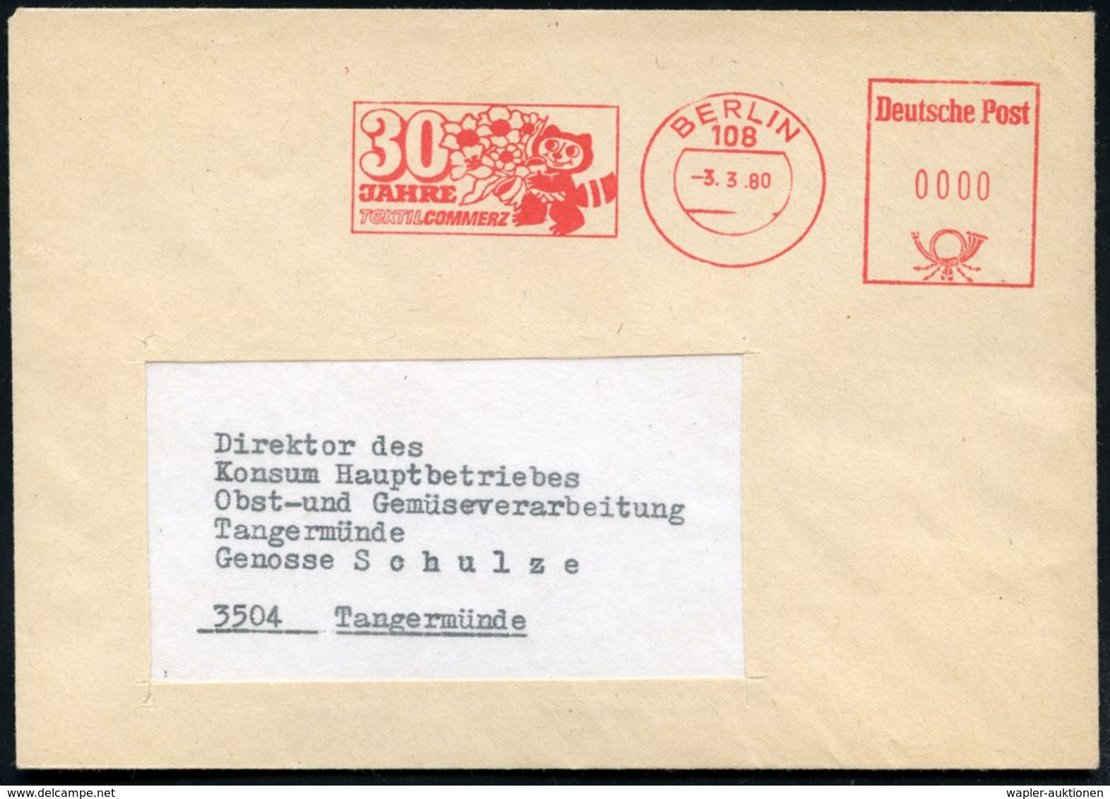 1980 (3.3.) 108 BERLIN, Jubil.-Absender-Freistempel: 30 JAHRE TEXTIL COMMERZ = Waschbär (mit Blumenstrauß) Inl.-Brief -  - Autres & Non Classés