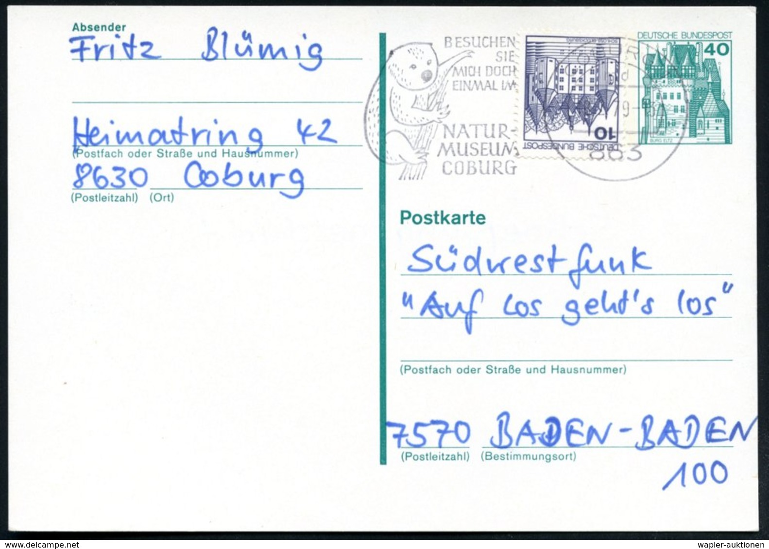 1979 863 COBURG 1, Maschinen-Werbestempel: ..NATUR-MUSEUM COBURG = Koala, Bedarfskarte (Bo.34 A , Letztjahr) - Bär / Bea - Other & Unclassified