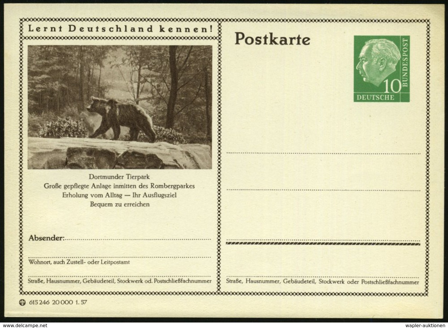 1957 Dortmund, 10 Pf. Bild-Ganzsache Heuss I: Tierpark (Rombergpark) Mit Bär, Ungebr. (Mi.P 24/241) - Bär / Bear / Ours  - Other & Unclassified