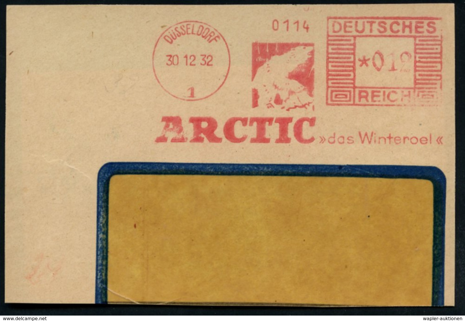 1932 (30.12.) DÜSSELDORF 1, Absender-Freistempel: ARTIC "das Winteröl" = Eisbär, Teil-Vorderseite - Bär / Bear / Ours /  - Other & Unclassified