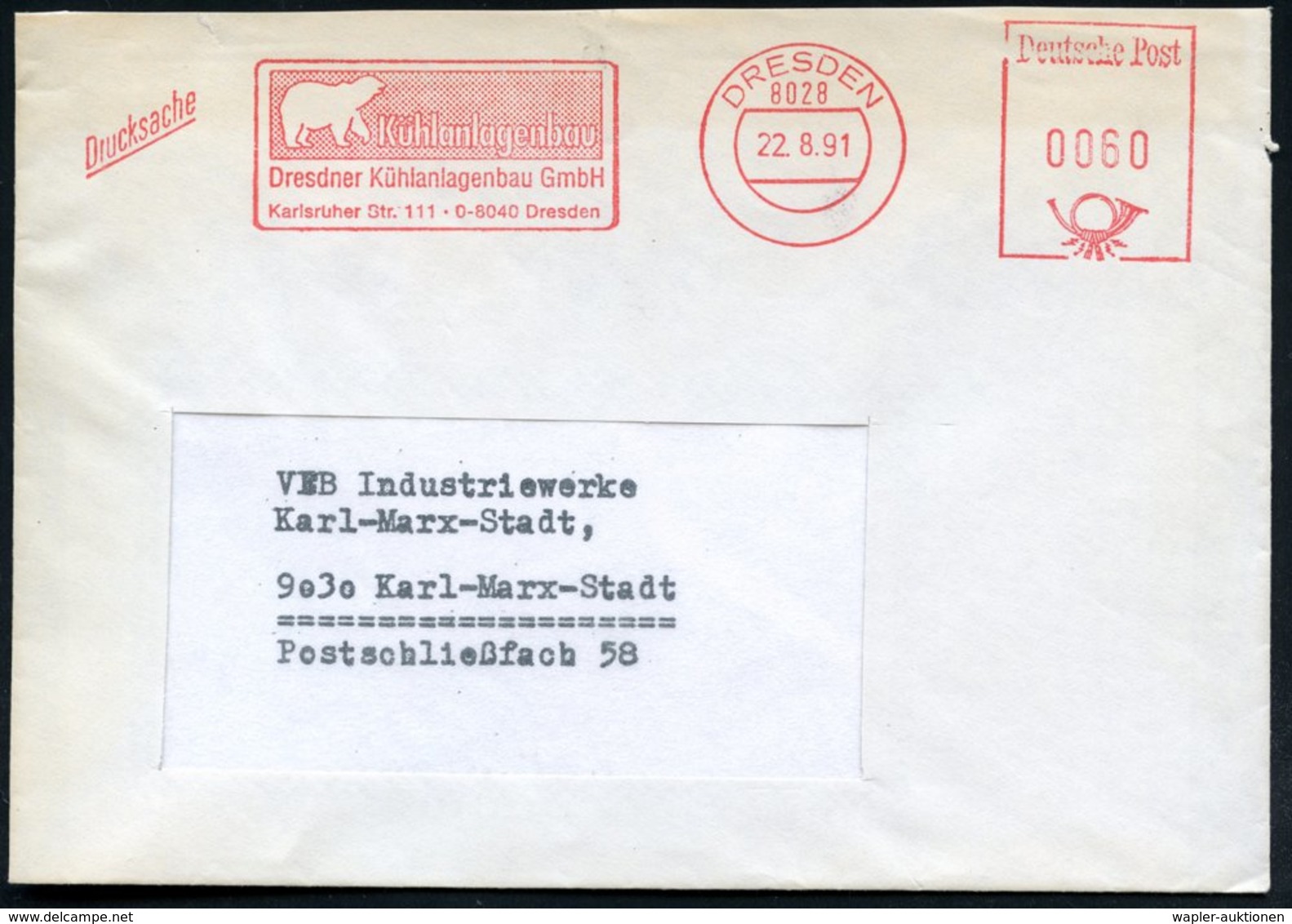 1991 (22.8.) 8028 DRESDEN, Absender-Freistempel: ..Dresdner Kühlanlagenbau GmbH = Eisbär, VGO-Firmenbrief - Bär / Bear / - Other & Unclassified