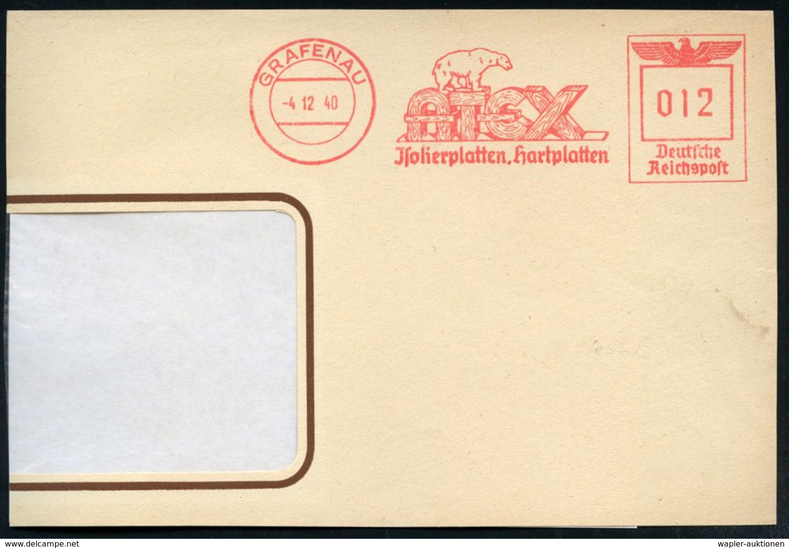 1940 (4.12.) GRAFENAU, Absender-Freistempel: ATEX, Jsolierplatten, Hartplatten = Eisbär, Teil-Vorderseite - Bär / Bear / - Autres & Non Classés