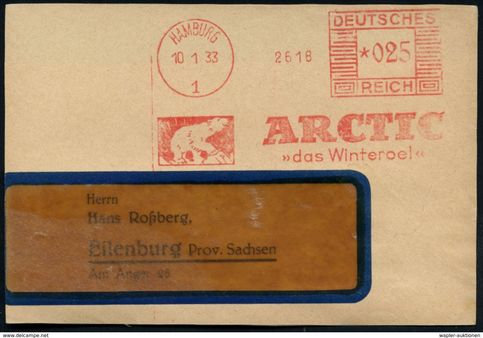 1933 (10.1.) HAMBURG 1, Absender-Freistempel: ARCTIC "das Winteröl" = Eisbär, Teil-Vorderseite - Bär / Bear / Ours / Ors - Otros & Sin Clasificación