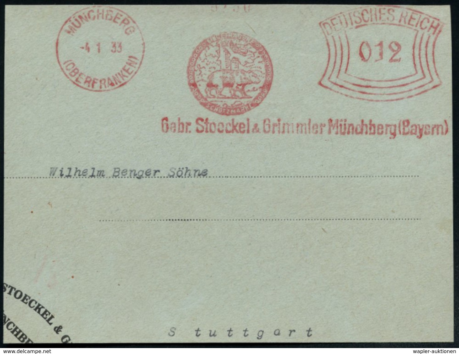 1933 (4.1.) MÜNCHBERG (OBERFRANKEN), Absender-Freistempel: Gebr. Stoeckel & Grimmler.. = Bär, Teil-Vorderseite - Bär / B - Autres & Non Classés