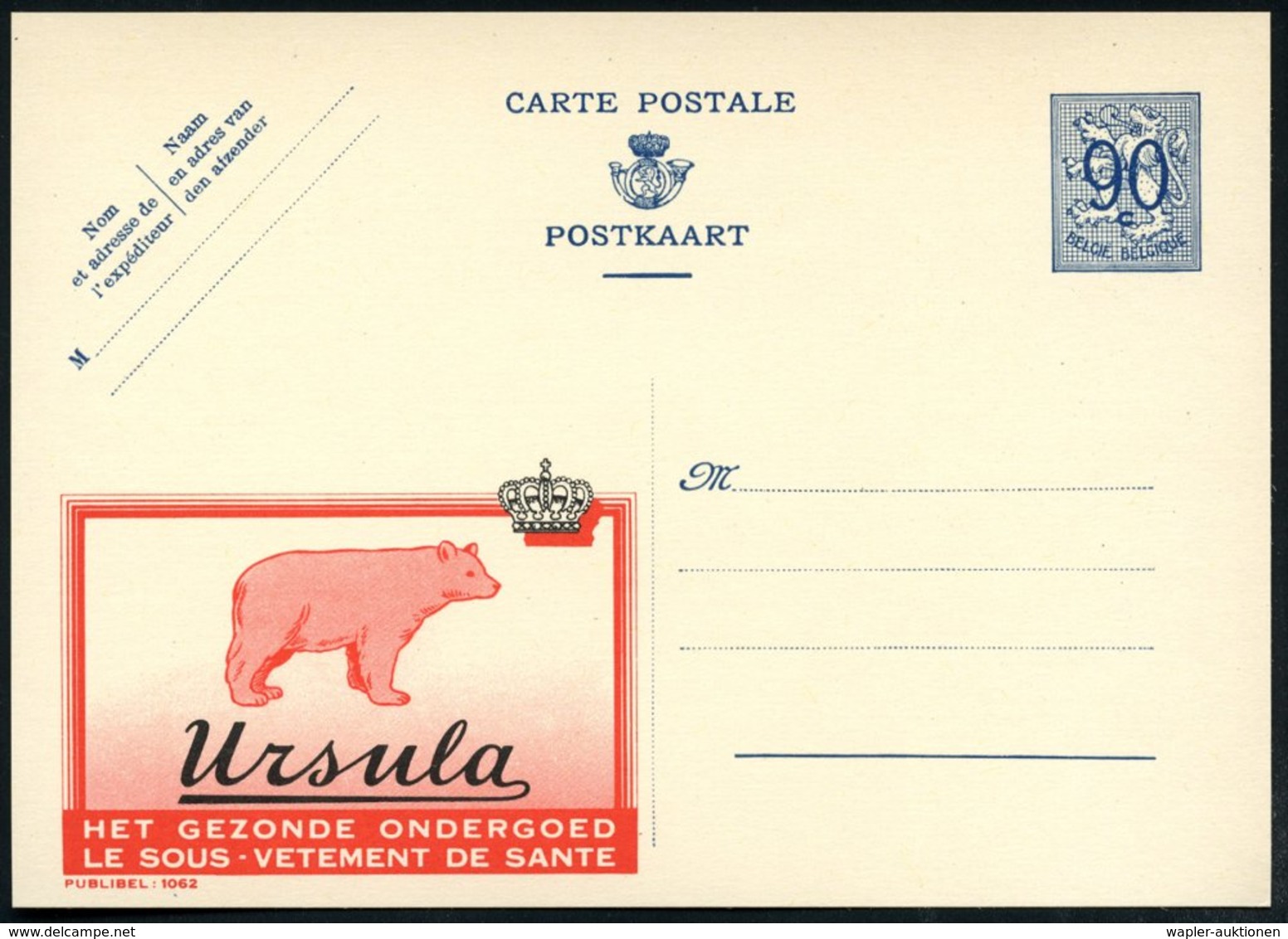 1951 BELGIEN, 90 C. Publibel-Ganzsache: Ursula.. = Bär U. Krone, Ungebr. (Mi.P 273 I / 1062) - Bär / Bear / Ours / Orso - Otros & Sin Clasificación