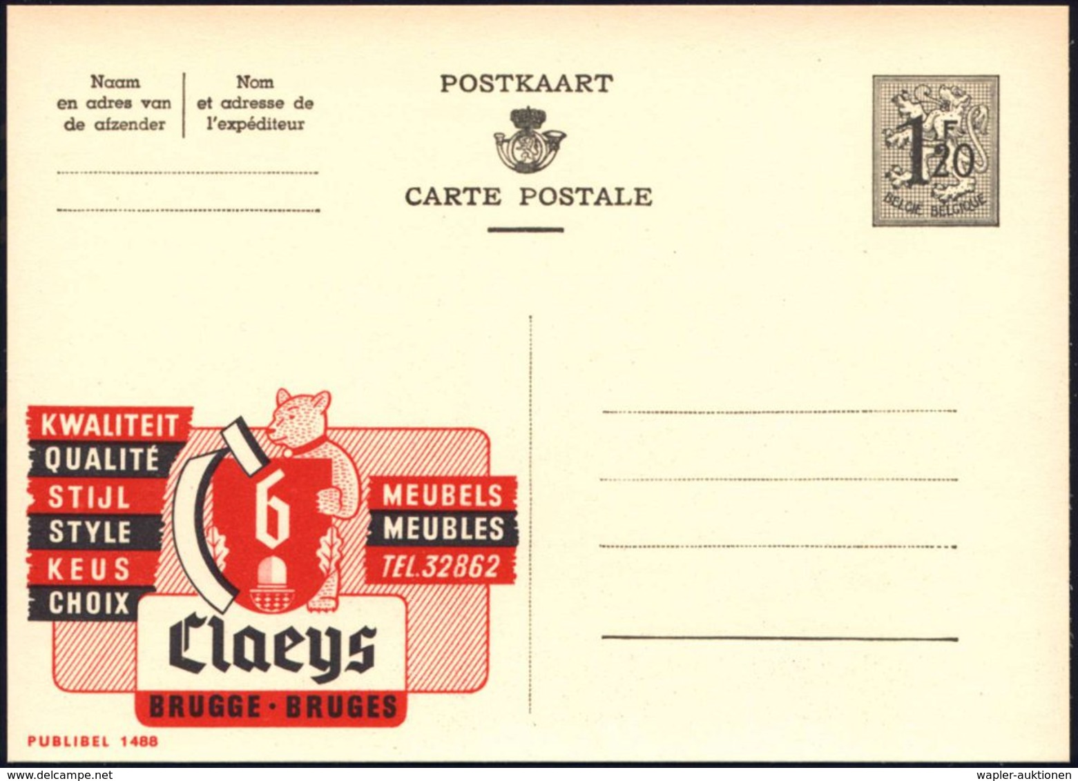 1954 BELGIEN, 1,20 F. Publibel-Ganzsache: Claeys MEUBELS, MEUBLES.. = Bär Mit Eichelwappen, Ungebr., Ungebr. (Mi.P 289 I - Other & Unclassified