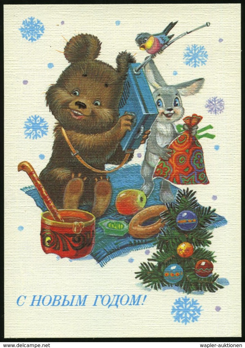 1982 UdSSR, 4 Kop. Bild-Ganzsache, Schw.: "Frohe Festtage!" = Teddybär Mit Kofferradio, Hase Mit Süßigkeiten, Wurst, Apf - Sonstige & Ohne Zuordnung