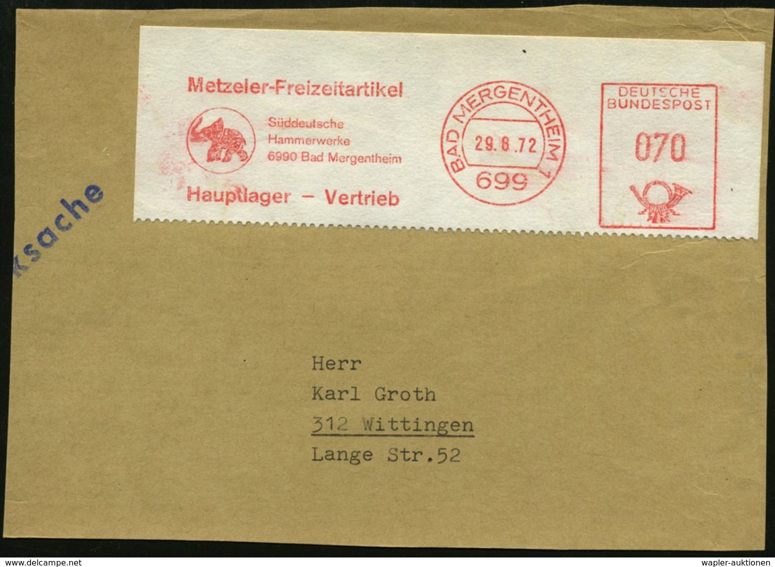 1972 (29.6.) 699 BAD MERGENTHEIM 1, Absender-Freistempel: Metzeler-Freizeitartikel, Süddeutsche Hammerwerke.. = Elefant  - Other & Unclassified